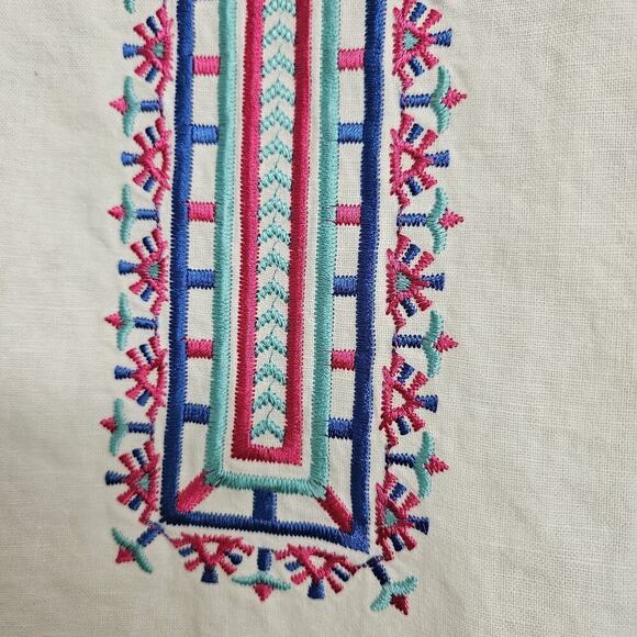 Pappagallo Women M White Linen Blend Tunic Top Blouse Pink Blue Embroidered - Picture 3 of 10